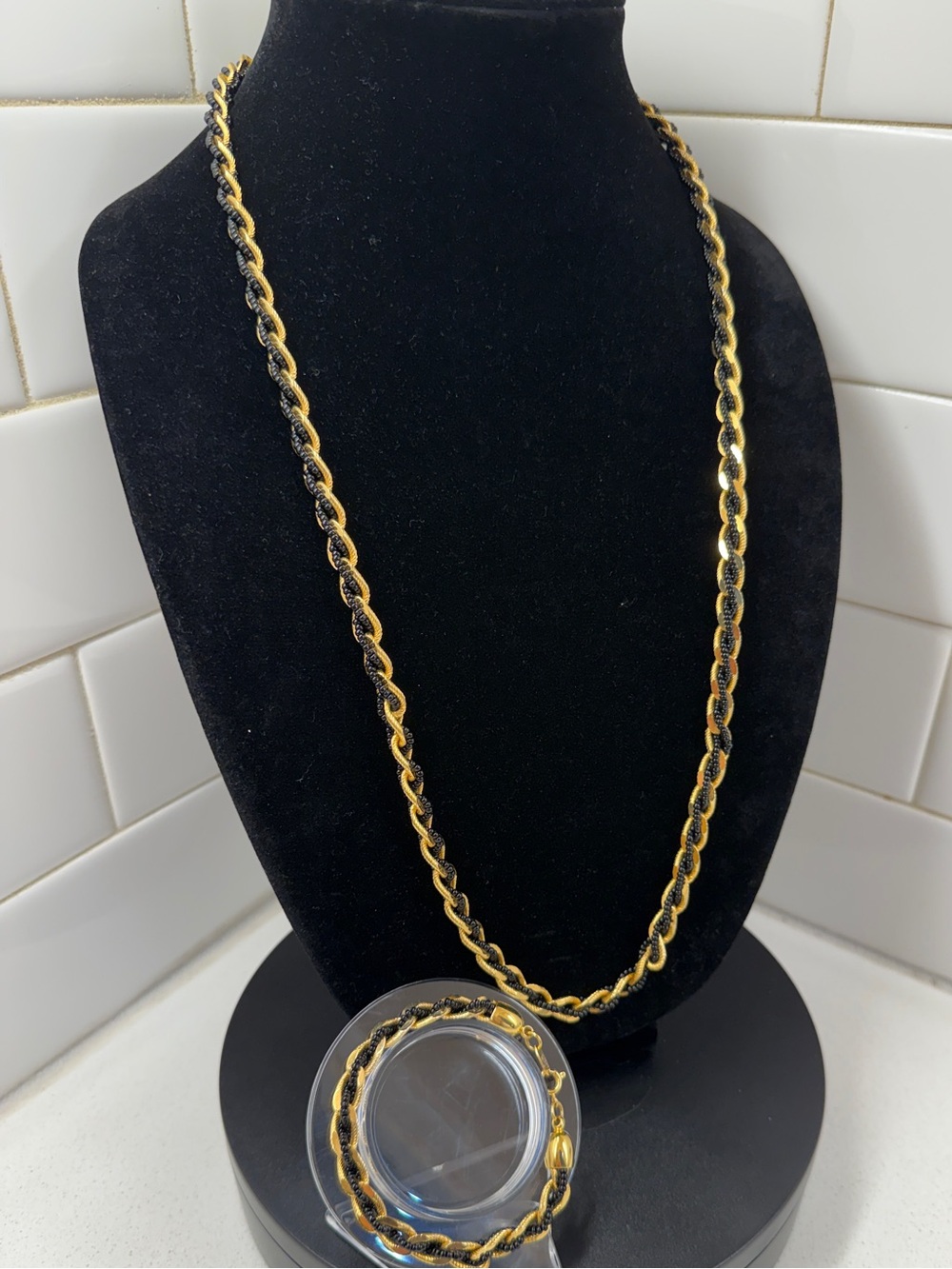 Trifari Gold and Black Twisted Link Necklace with Matching Bracelet